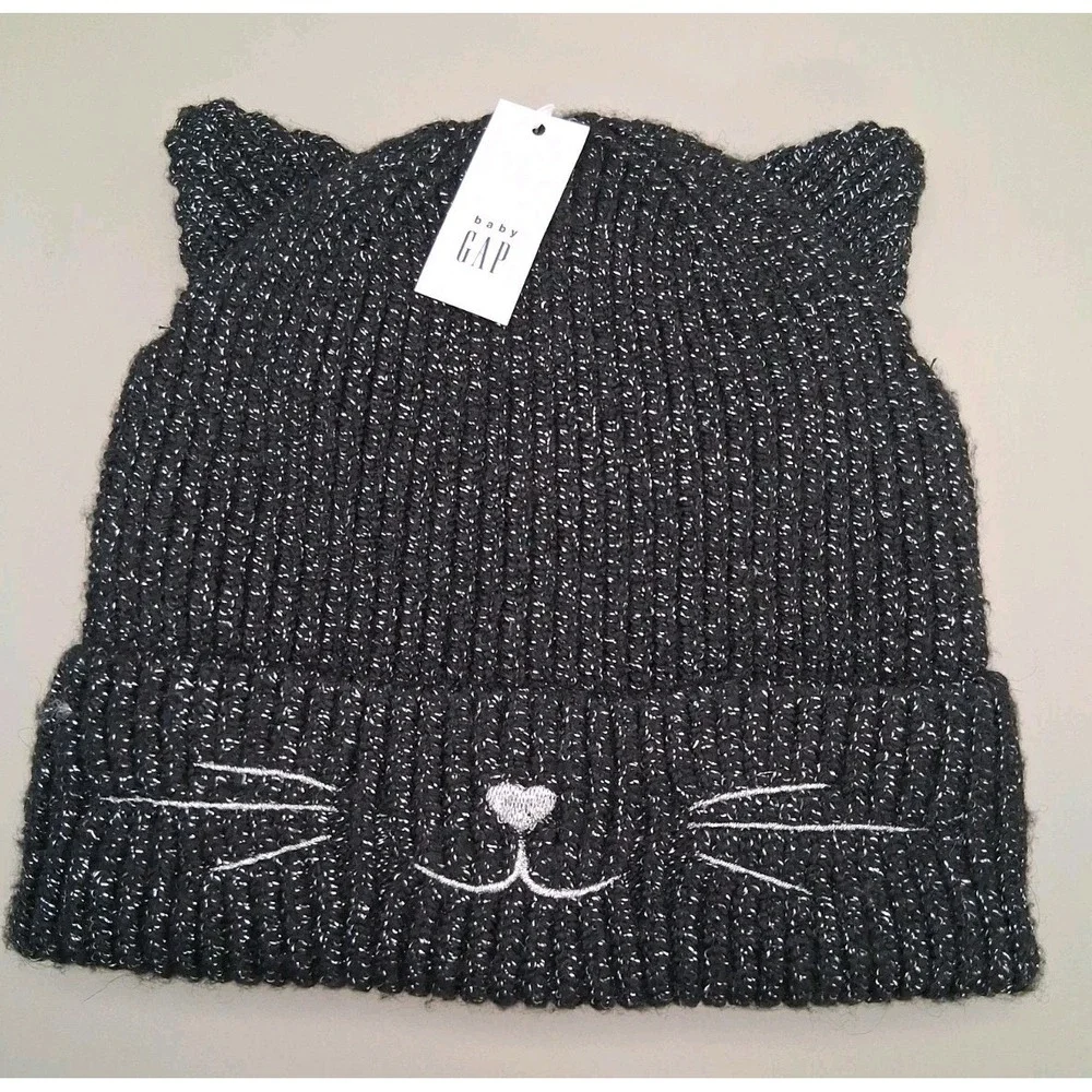 Baby Gap Black Cat w/ Silver Glitter Fall/Halloween/Winter Hat 0-6 Months NWT